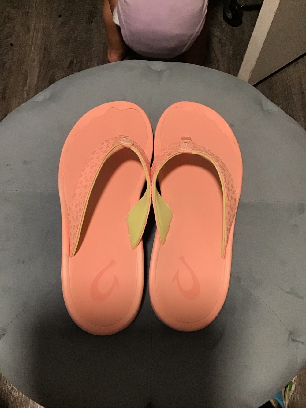 OluKai Coral Pink Flip Flop Sandals with Lime Accent